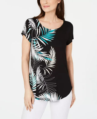 Camiseta feminina Alfani Petite estampada com bainha redonda, preta, tamanho Petit