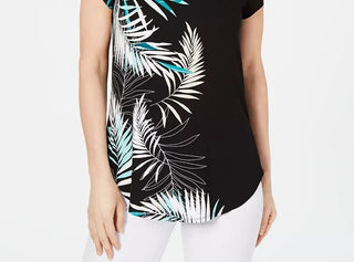 Camiseta feminina Alfani Petite estampada com bainha redonda, preta, tamanho Petit