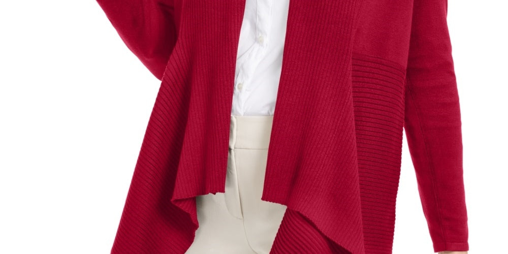 Cardigan feminino canelado com bainha de lenço JM Collection, vermelho, tamanho extragrande