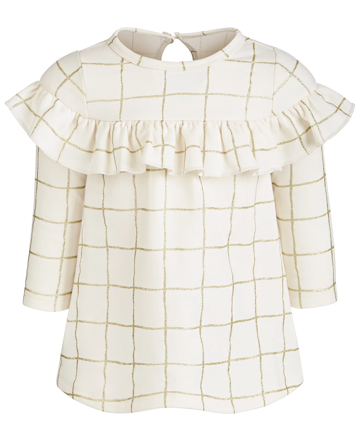 Vestido infantil First Impressions para meninas, estampa xadrez brilhante e babados, branco, tamanho 6 a 9 meses