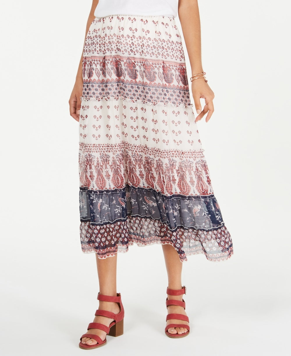 Saia midi feminina com estampa mista e camadas, tamanho médio, vermelha, estilo &amp; co