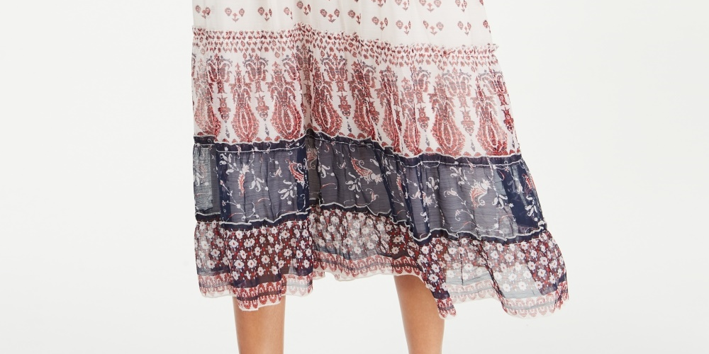 Saia midi feminina com estampa mista e camadas, tamanho médio, vermelha, estilo &amp; co