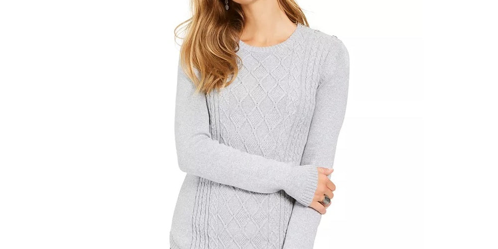 Suéter feminino de tricô com gola redonda metálica Charter Club, tamanho médio, branco