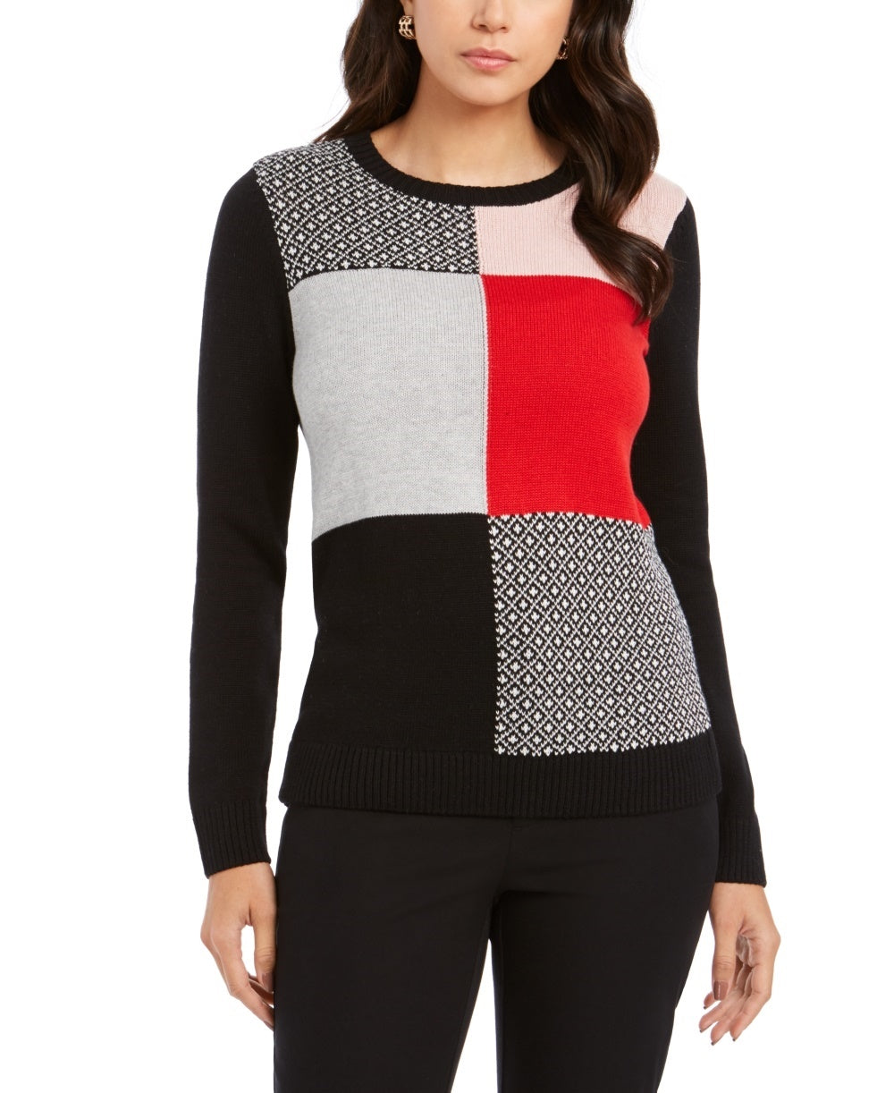 Suéter feminino Charter Club com patchwork e gola redonda, preto, tamanho extragrande