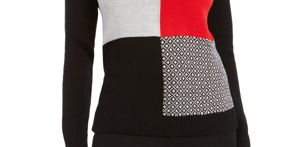 Suéter feminino Charter Club com patchwork e gola redonda, preto, tamanho extragrande