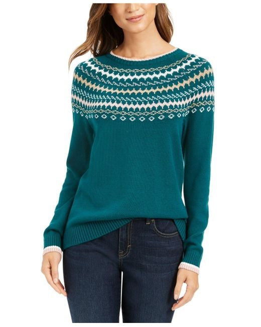 Suéter feminino Fair Isle Charter Club verde escuro tamanho extragrande