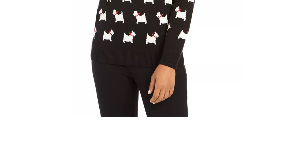 Suéter feminino Charter Club com estampa de cachorro e gola redonda, preto, tamanho X-S