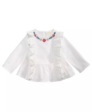 Blusa de algodão com babados e bordado First Impressions Baby Girls, branca, tamanho 12 meses