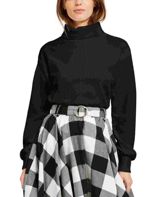 Blusa feminina Bar III de veludo cotelê com manga comprida e gola alta, preta, tamanho pequeno