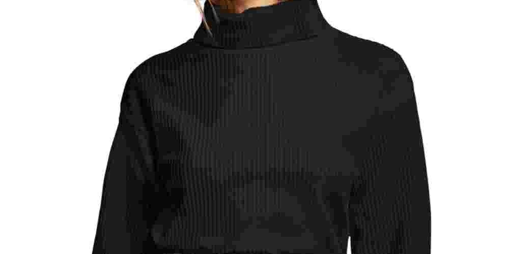 Blusa feminina Bar III de veludo cotelê com manga comprida e gola alta, preta, tamanho pequeno