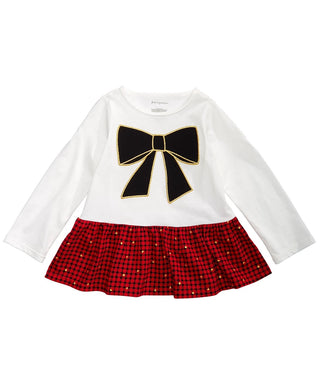 Camiseta Peplum com Laço Xadrez para Bebê Menina First Impressions, Branca, Tamanho 12 Meses