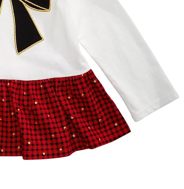 Camiseta Peplum com Laço Xadrez para Bebê Menina First Impressions, Branca, Tamanho 12 Meses