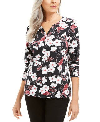 Karen Scott Glitter Vines Henley Top Feminino Vermelho Tamanho Grande