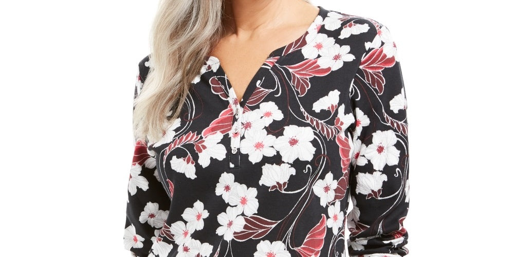 Karen Scott Glitter Vines Henley Top Feminino Vermelho Tamanho Grande