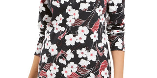 Karen Scott Glitter Vines Henley Top Feminino Vermelho Tamanho Grande