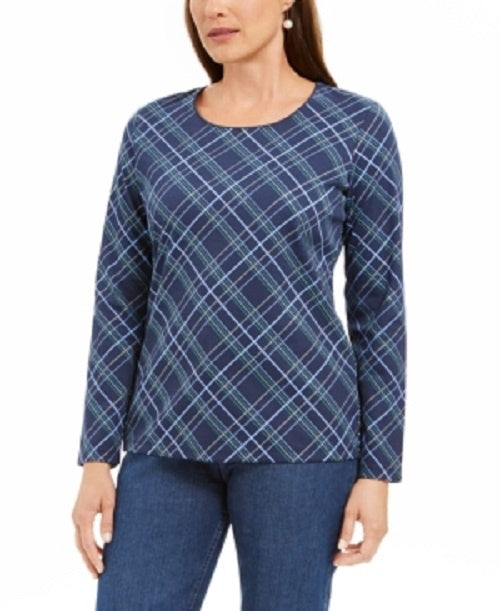 Karen Scott Top feminino xadrez Holly com detalhes em azul marinho, tamanho extragrande