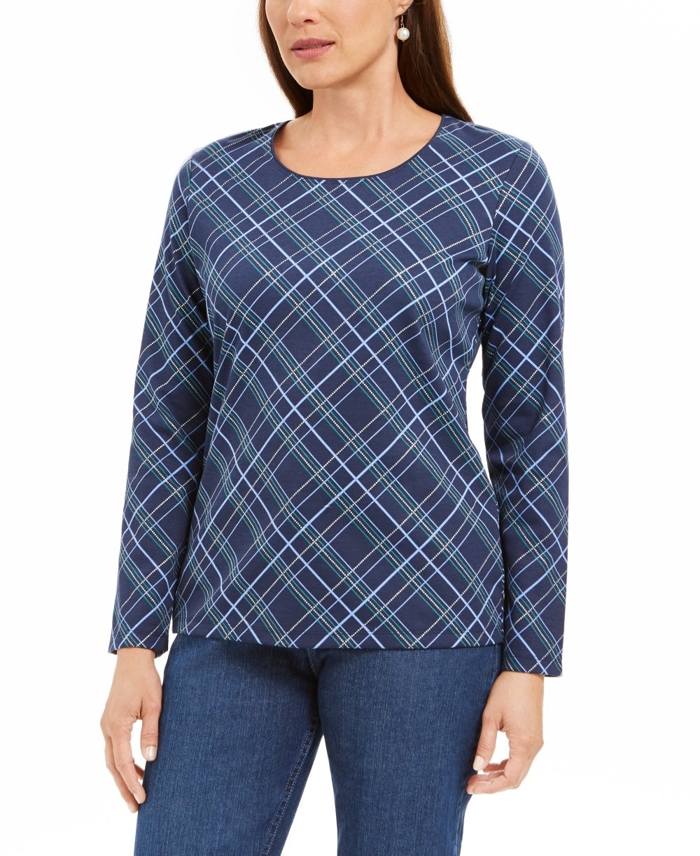 Karen Scott Blusa feminina Holly Plaid com detalhes em azul marinho, tamanho XS