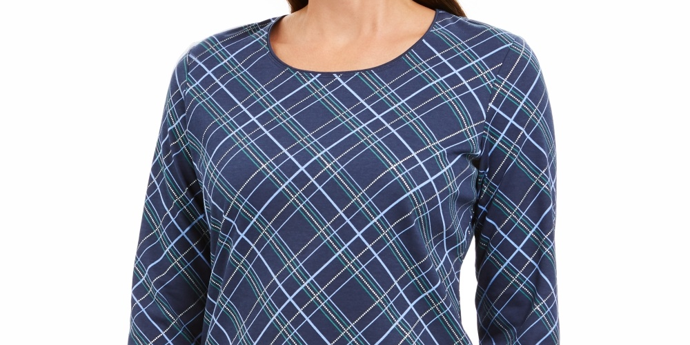 Karen Scott Blusa feminina Holly Plaid com detalhes em azul marinho, tamanho XS