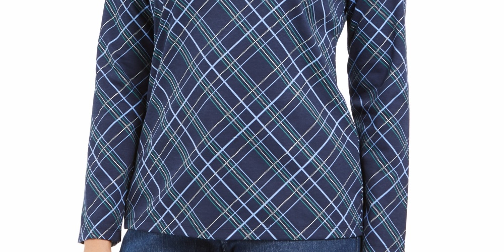 Karen Scott Blusa feminina Holly Plaid com detalhes em azul marinho, tamanho XS