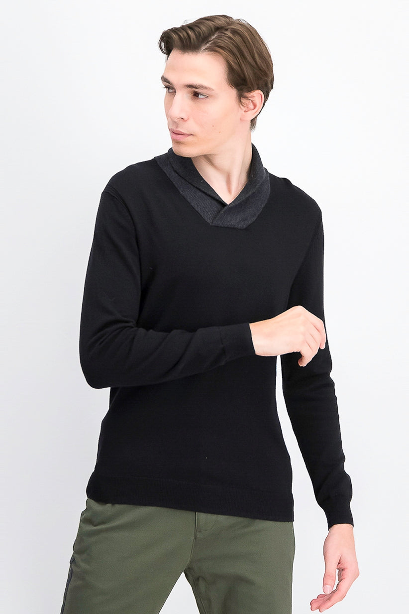 Suéter masculino Tasso Elba de algodão Supima com gola xale contrastante, preto, tamanho XXX-G