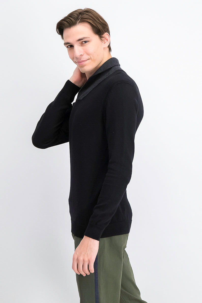 Suéter masculino Tasso Elba de algodão Supima com gola xale contrastante, preto, tamanho XXX-G