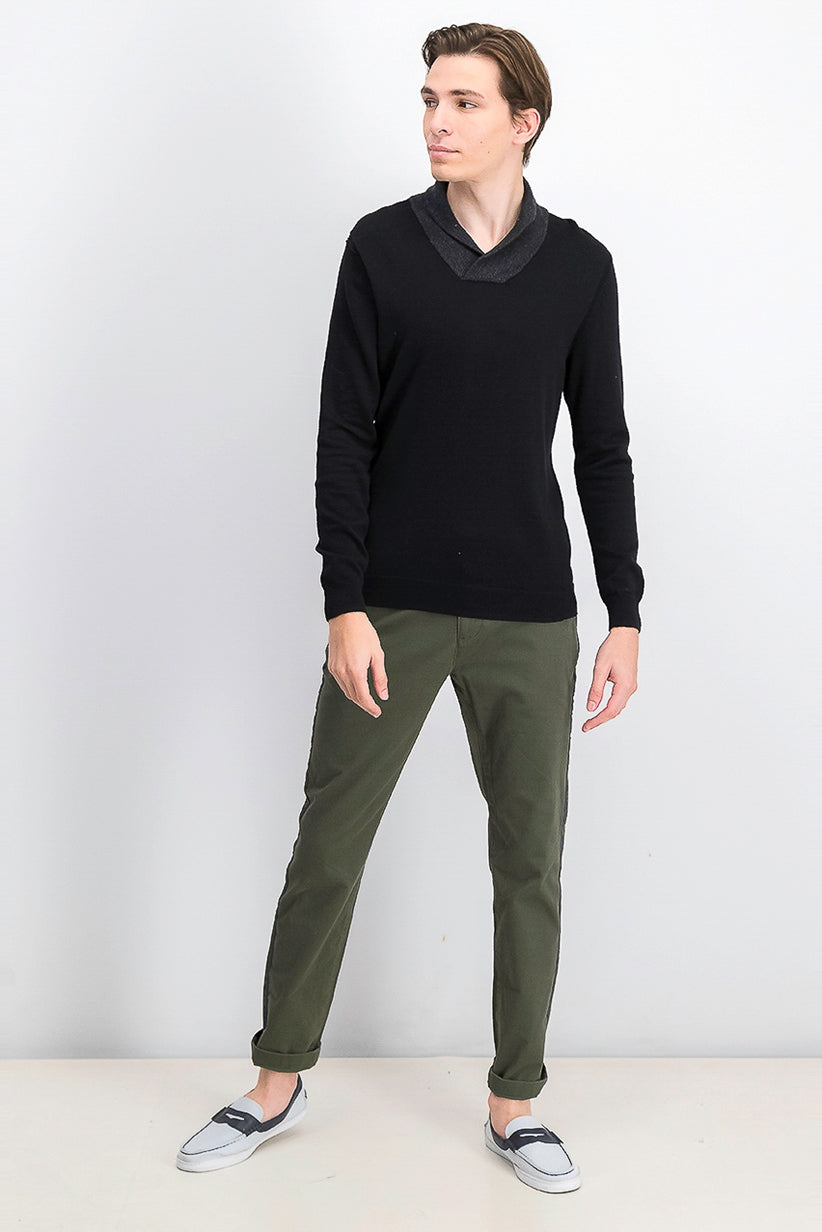 Suéter masculino Tasso Elba de algodão Supima com gola xale contrastante, preto, tamanho XXX-G