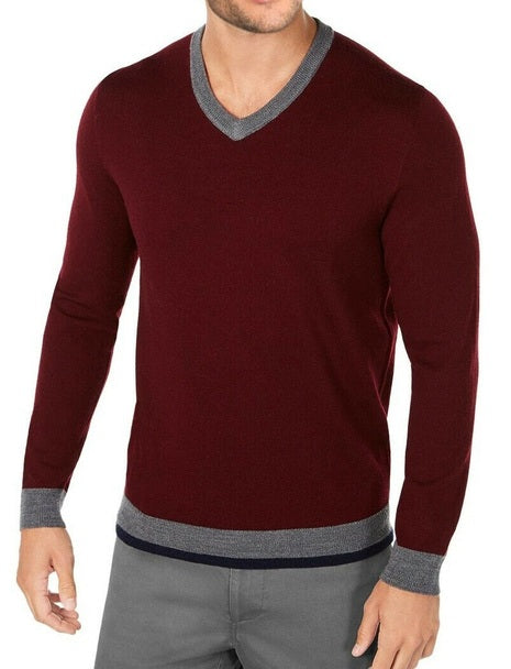 Suéter masculino Tasso Elba de lã merino mesclada com decote em V e espinha de peixe, tamanho XXX-G