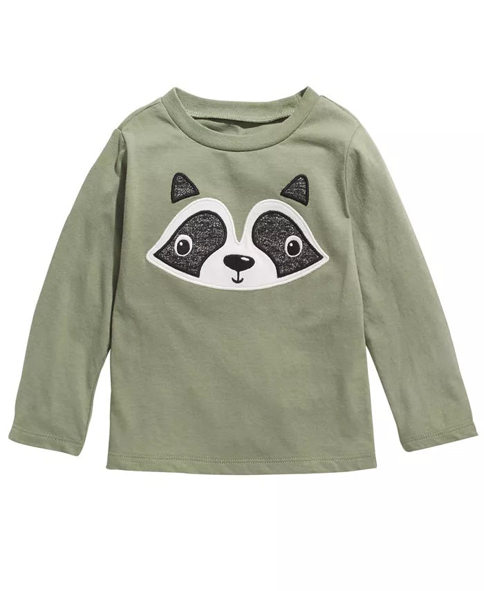 Camiseta de algodão manga comprida com estampa de guaxinim First Impressions para meninos, tamanho verde, 3 a 6 meses