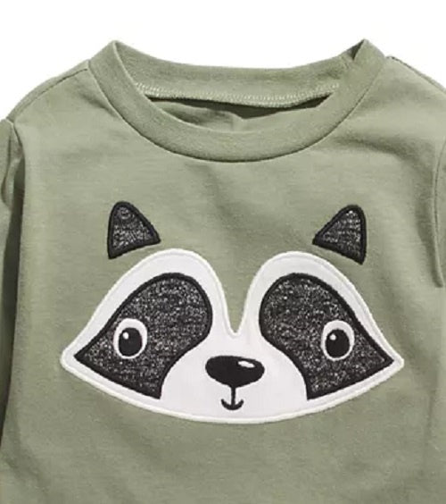 Camiseta de algodão manga comprida com estampa de guaxinim First Impressions para meninos, tamanho verde, 3 a 6 meses