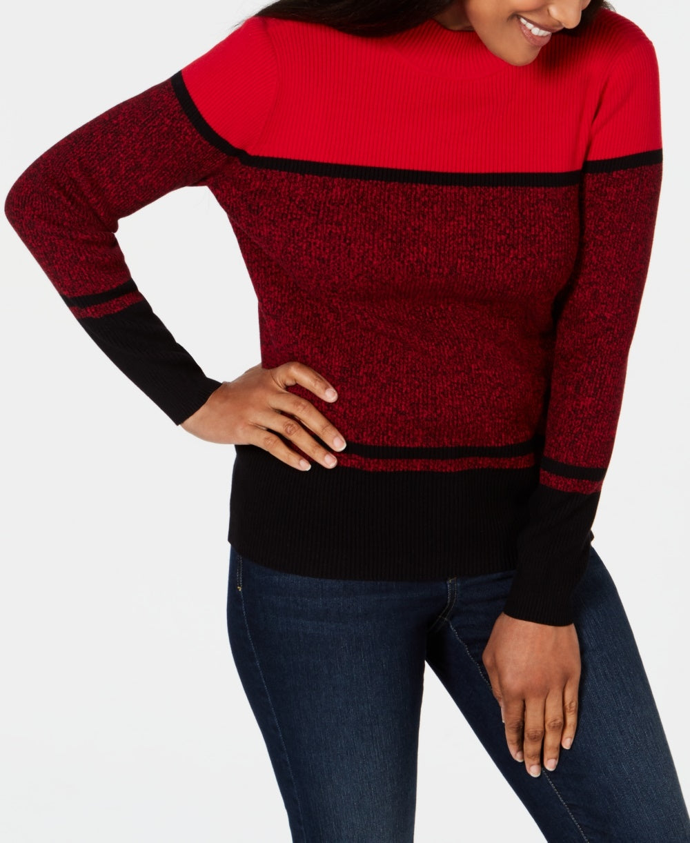 Karen Scott Suéter Feminino de Algodão com Gola Careca e Canelado, Vermelho Brilhante, Tamanho Médio