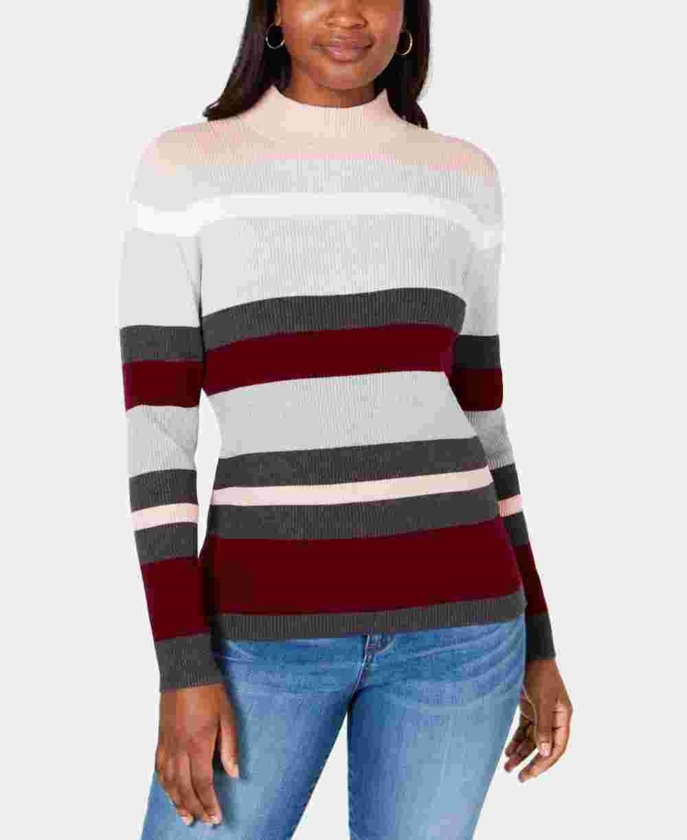 Karen Scott Suéter feminino listrado de algodão com gola falsa, vermelho, tamanho extragrande