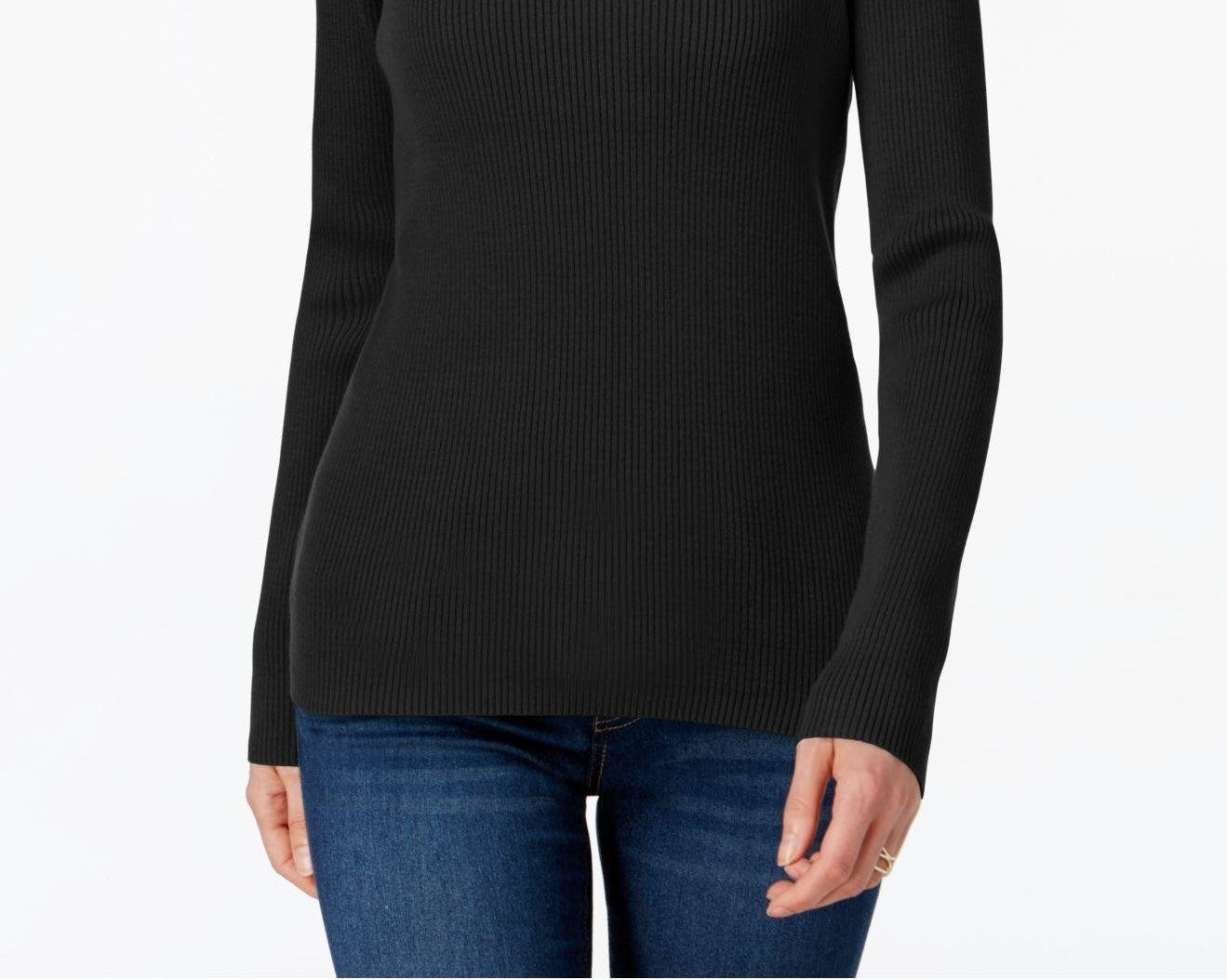 Karen Scott Blusa Feminina de Algodão com Gola Alta e Canelada, Preta, Tamanho Grande