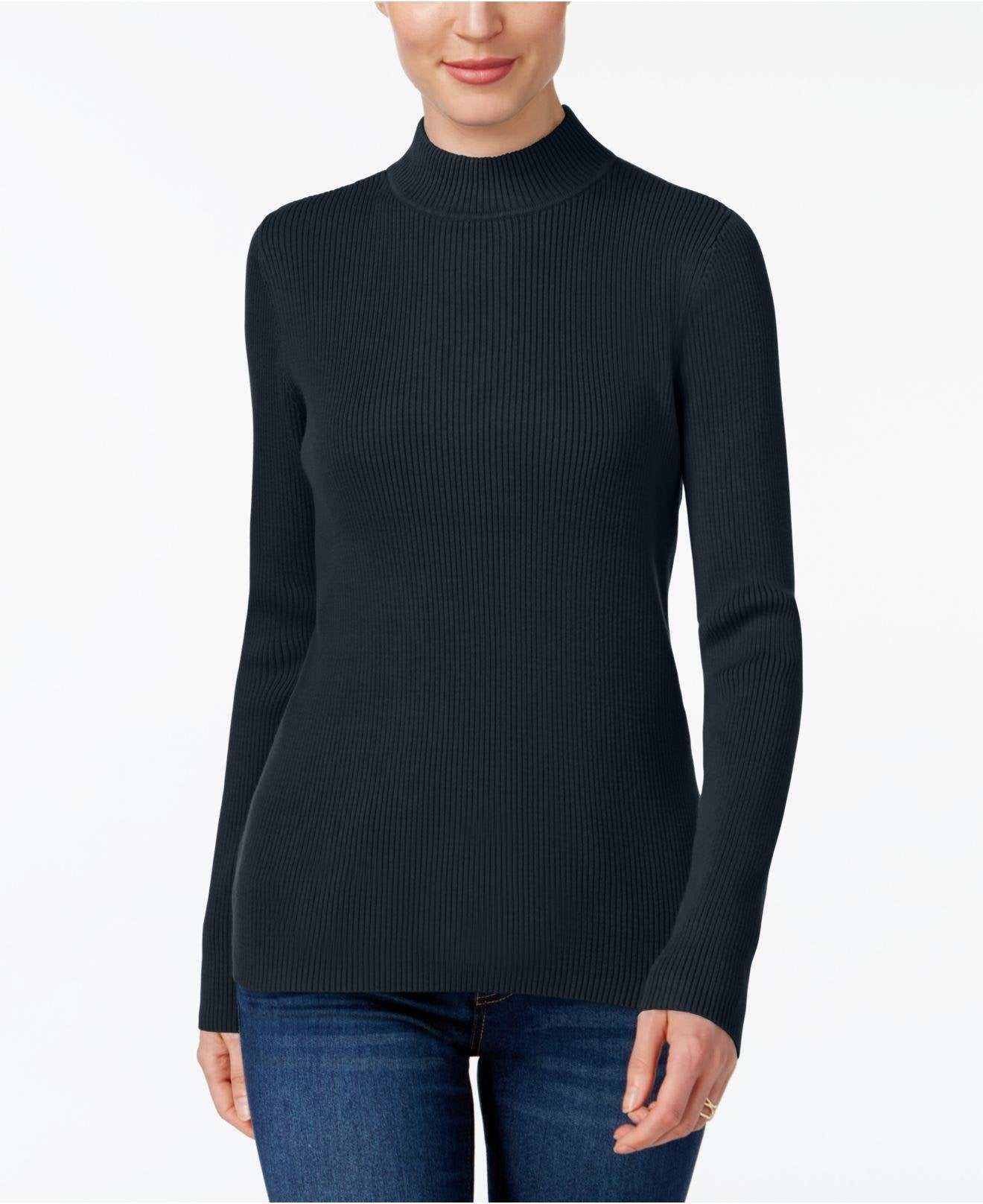 Karen Scott Blusa Feminina de Algodão com Gola Alta e Canelada, Preta, Tamanho Médio