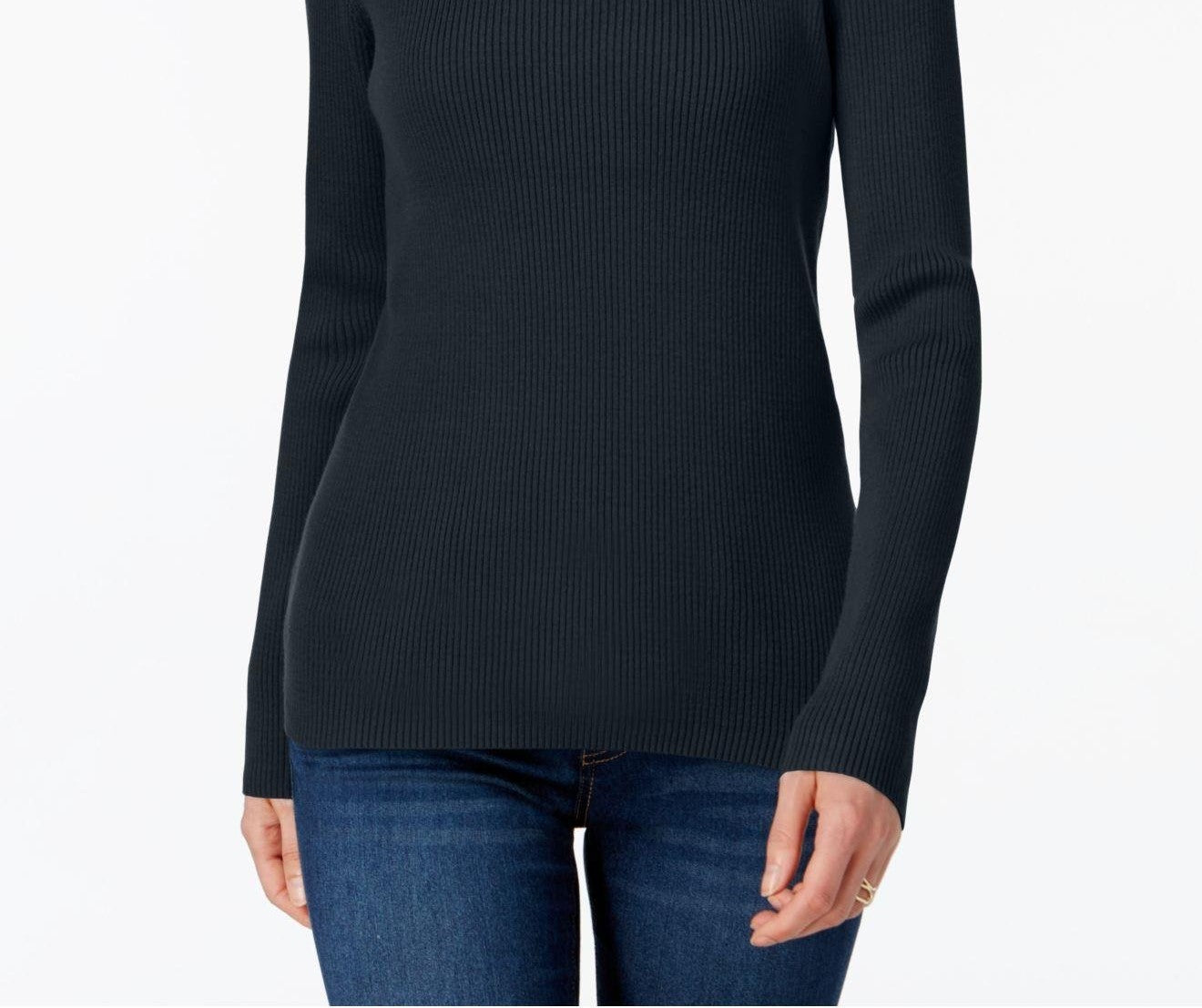 Karen Scott Blusa Feminina de Algodão com Gola Alta e Canelada, Preta, Tamanho Médio