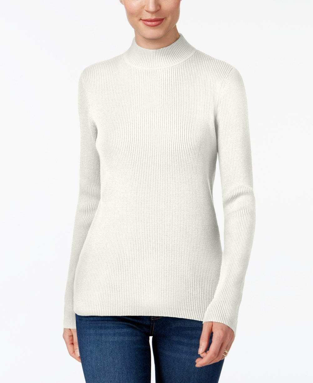 Karen Scott Blusa feminina de gola alta canelada de algodão, branca, tamanho grande
