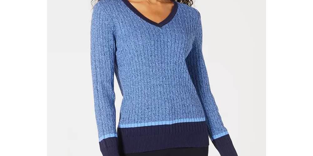 Karen Scott Suéter Teresa Cotton Colorblocked Feminino Azul Brilhante Tamanho Extra Grande