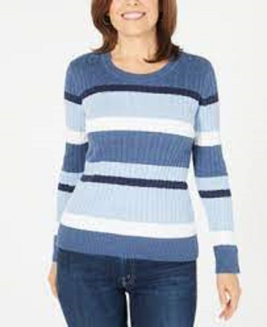 Karen Scott Suéter Feminino Petite Cotton Listrado em Tricô com Cabo Azul Brilhante Tamanho Médio