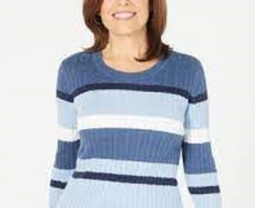 Karen Scott Suéter Feminino Petite Cotton Listrado em Tricô com Cabo Azul Brilhante Tamanho Médio