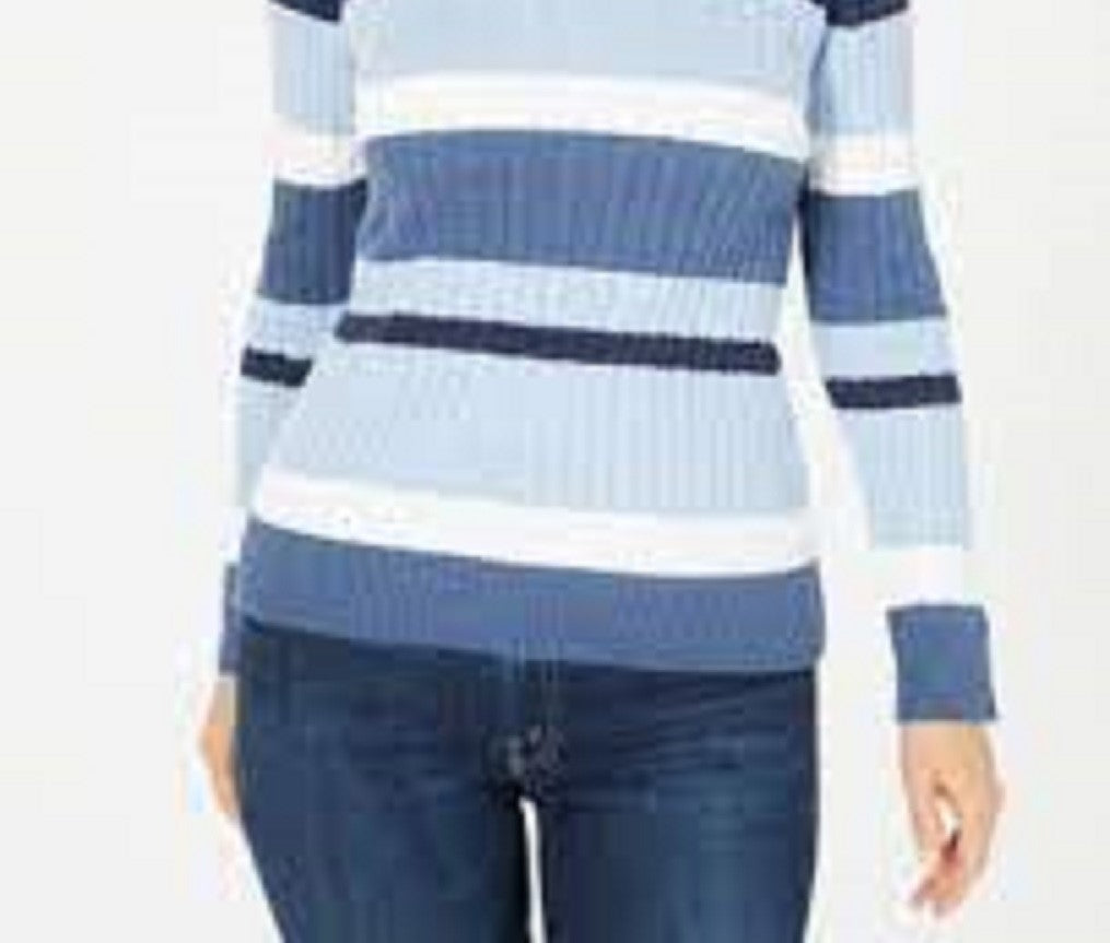 Karen Scott Suéter Feminino Petite Cotton Listrado em Tricô com Cabo Azul Brilhante Tamanho Médio