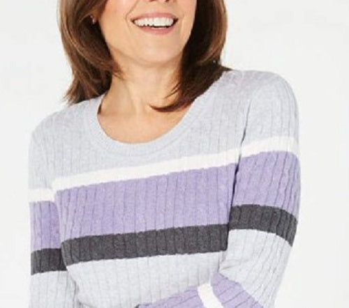 Karen Scott Suéter Feminino Petite Cotton Listrado Tricô com Cabo Roxo Tamanho Médio Regular