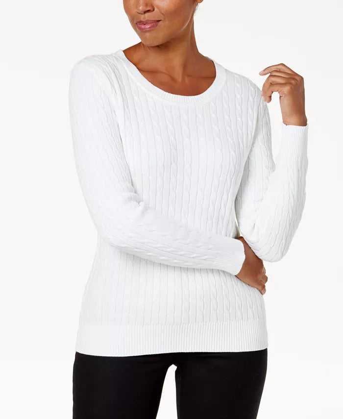 Karen Scott Suéter Feminino de Algodão com Malha Trançada, Branco, Tamanho Pequeno