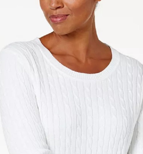 Karen Scott Suéter Feminino de Algodão com Malha Trançada, Branco, Tamanho Pequeno