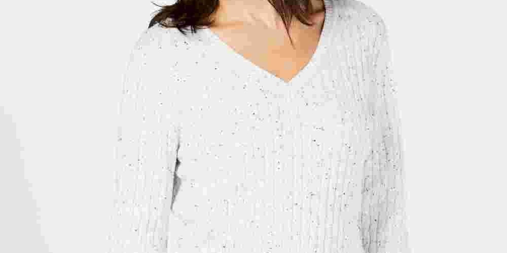 Karen Scott Blusa Feminina Manga Longa Speckle Gola V Branca Tamanho Pequeno Médio