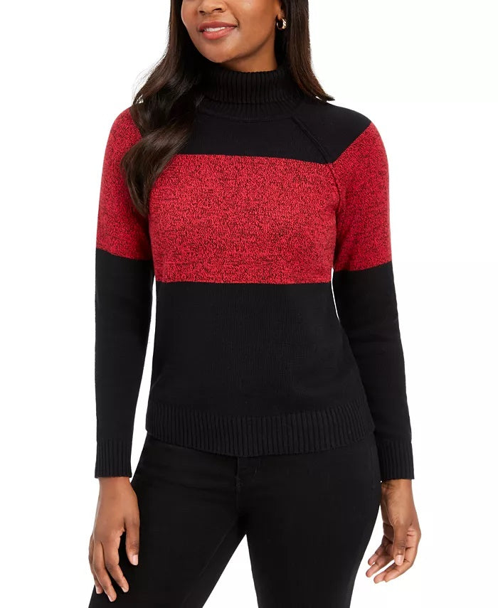 Karen Scott Suéter Feminino de Algodão Colorblock com Gola Alta, Vermelho, Tamanho Pequeno Médio