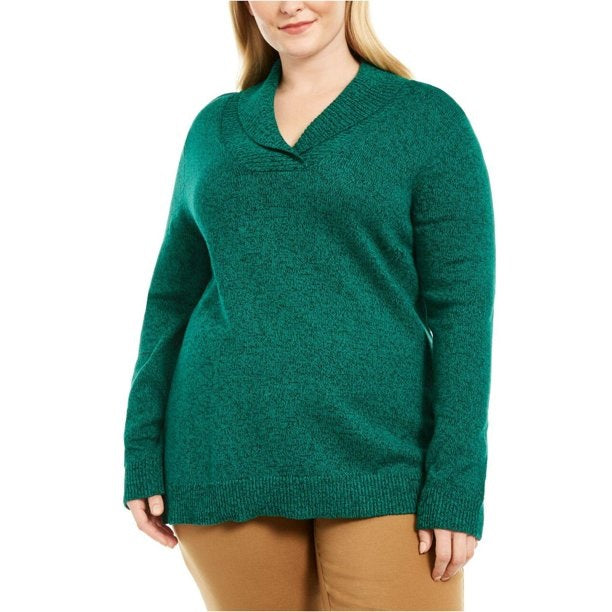 Karen Scott Suéter Feminino de Algodão Marmoreado com Gola Xale Verde Escuro Tamanho Grande