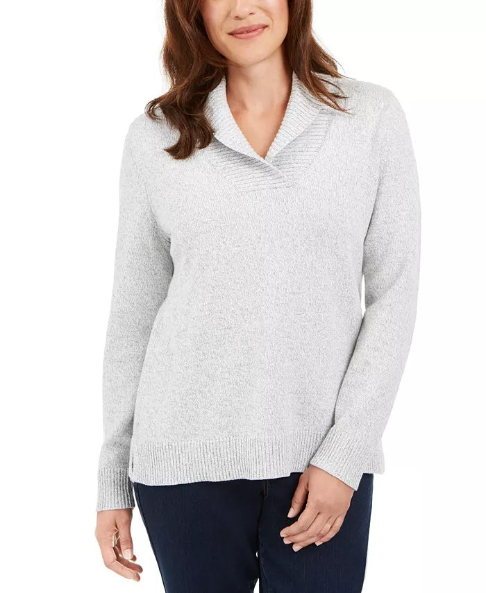 Karen Scott Suéter Feminino de Algodão Marmorizado com Gola Xale Cinza Tamanho P
