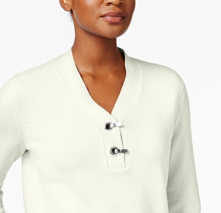 Karen Scott Suéter Henley Feminino de Algodão Branco Tamanho Pequeno Médio