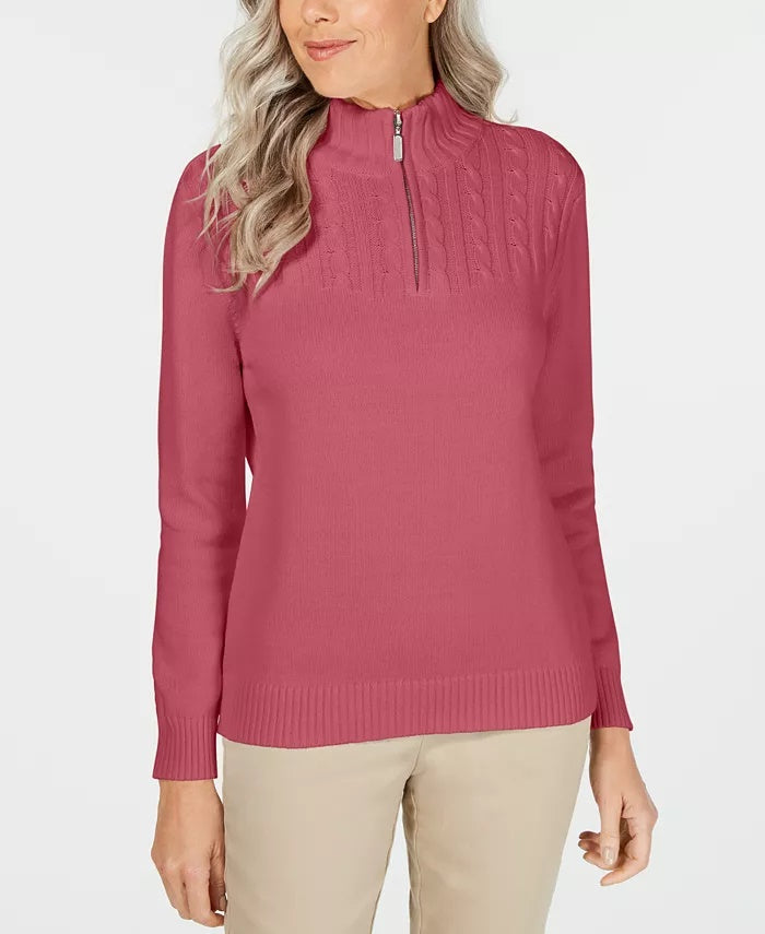 Karen Scott Suéter Feminino de Algodão com Zíper e Gola Alta Vermelho Tamanho Médio