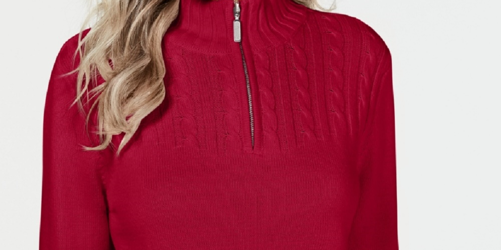 Karen Scott Suéter Feminino de Algodão com Zíper e Gola Alta Vermelho Brilhante Tamanho XXG