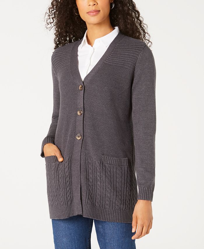 Karen Scott Cardigan Feminino com Botões Frontais e Pontos Mistos, Cor Carvão, Tamanho Extra Pequeno